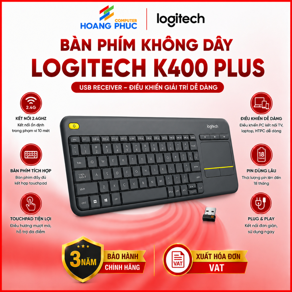 Bàn phím không dây Logitech K400 Plus (USB Receiver) - Hàng chính hãng