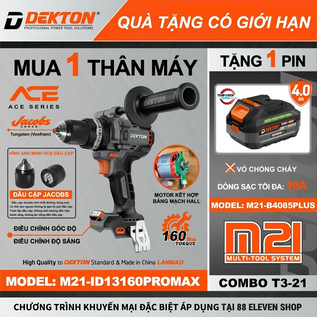 [Tặng Pin] Máy Khoan Động Lực 21V Dekton M21-ID13160PROMAX (Gen 4)