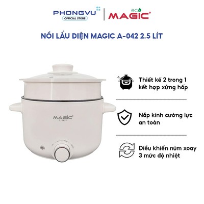 Nồi lẩu điện Magic A-042 2.5L - 900W, Xửng hấp đa năng, Chống dính Teflon - Bảo hành 12 tháng