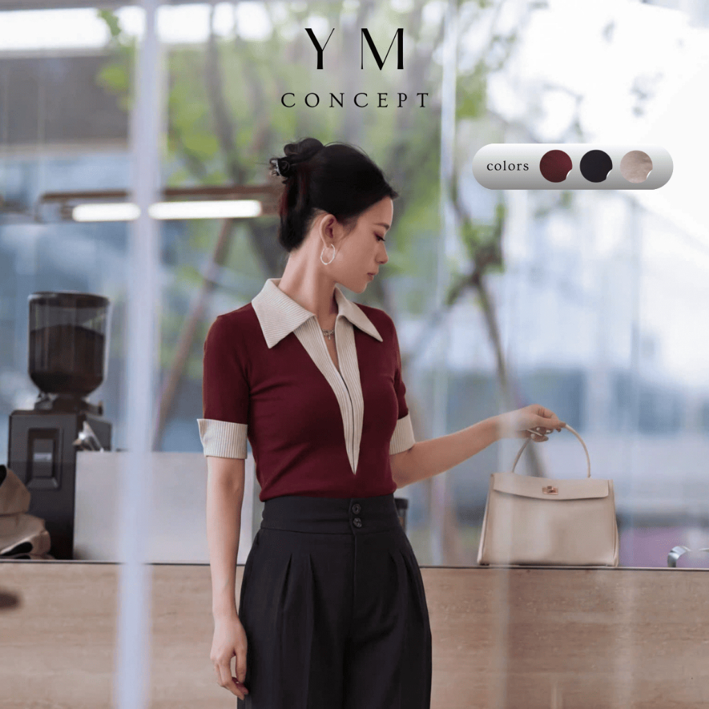 YM Concept Áo Thun Phối Cổ Sơ Mi Sọc - Áo Nữ Dáng Basic Phối Cổ Sang Trọng A1645