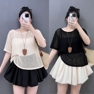 [SET PHỐI] Bigsize Nữ Áo Thun Lưới Ngắn Tay, Áo Thun Hai Dây Ôm, Chân Váy Bí (có bảo hộ) -(A318/G118/CV413)