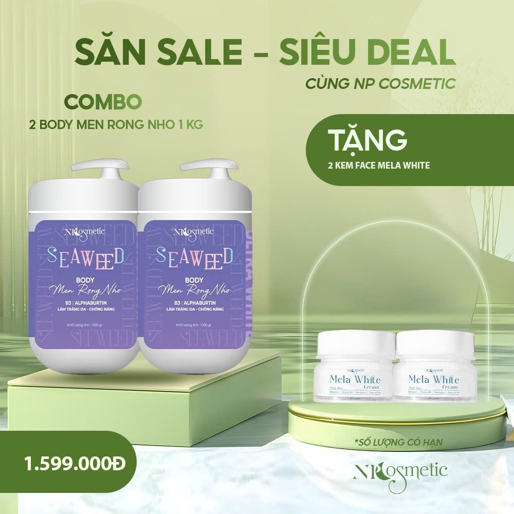 (Tặng Kem Face ) Combo 2H Kem Body Seaweed Men Rong Nho Size 1Kg, Dưỡng Trắng, Nâng Tone, Makeup