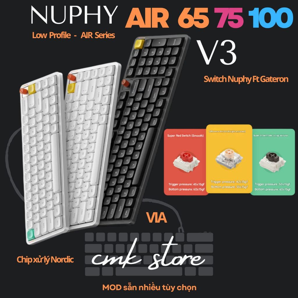 (sẵn tùy bản) Bàn Phím Cơ Low Profile - Nuphy Air68 | Air75 | Air100 V3 - Viền Nhôm - RGB - Led Nhảy
