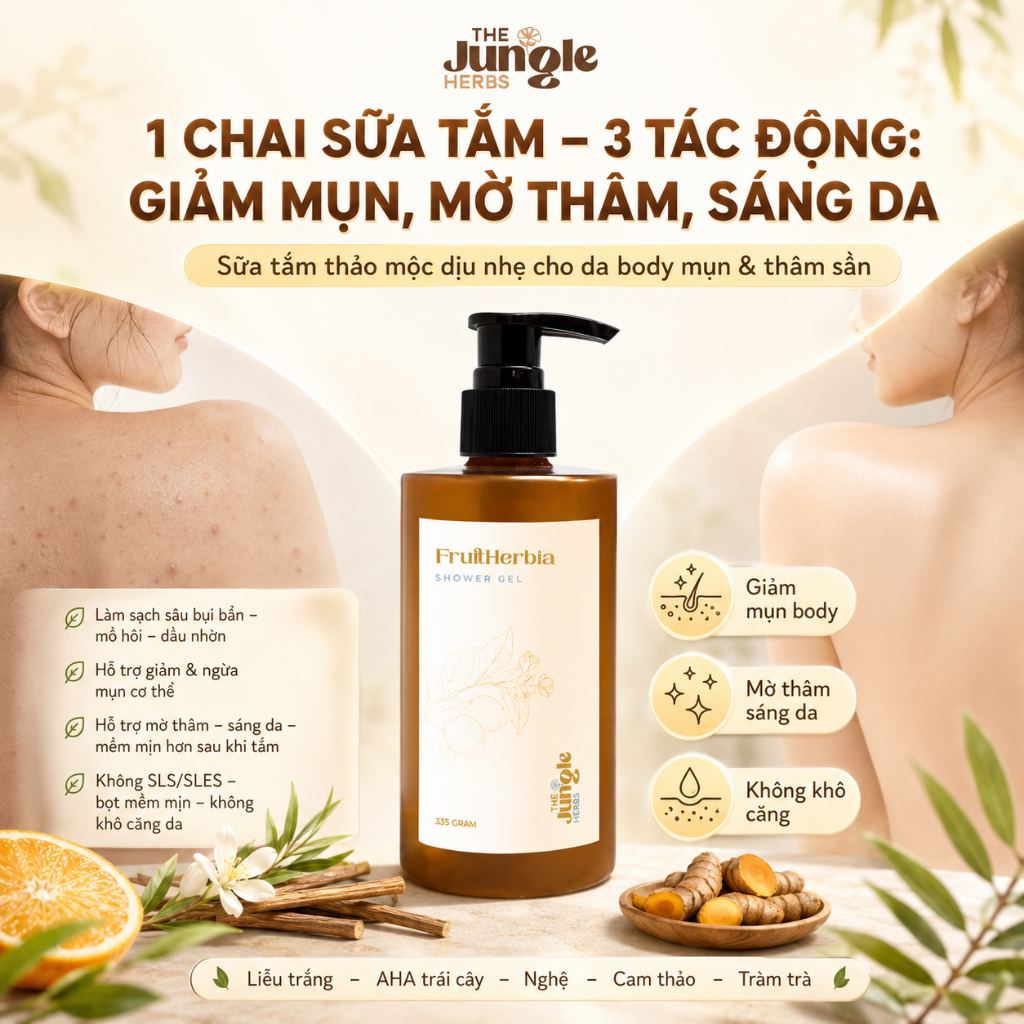 Sữa tắm sáng da và giảm mụn thảo mộc trái cây FruitHerbia - The Jungle Herbs