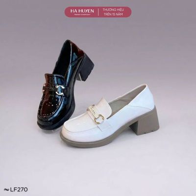 Giày Loafer nữ HÀ HUYỀN da bóng khắc chữ gót vuông 5cm - LF270