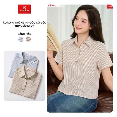 Áo sơ mi nữ CARDINA chất thô kẻ tay cộc cổ đức nẹp giấu khuy  6ASC14