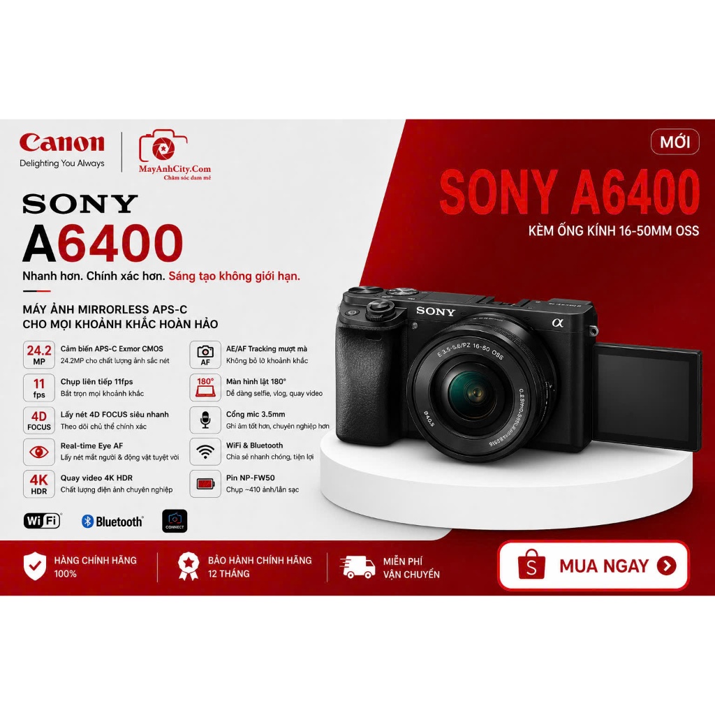 𝗦𝗼𝗻𝘆 𝗔𝟲𝟰𝟬𝟬 + 𝗟𝗲𝗻𝘀 𝗞𝗶𝘁 𝟭𝟲-𝟱𝟬𝗺𝗺 𝗢𝗦𝗦 | Máy Ảnh Mirrorless APS-C Quay 4K Chính Hãng