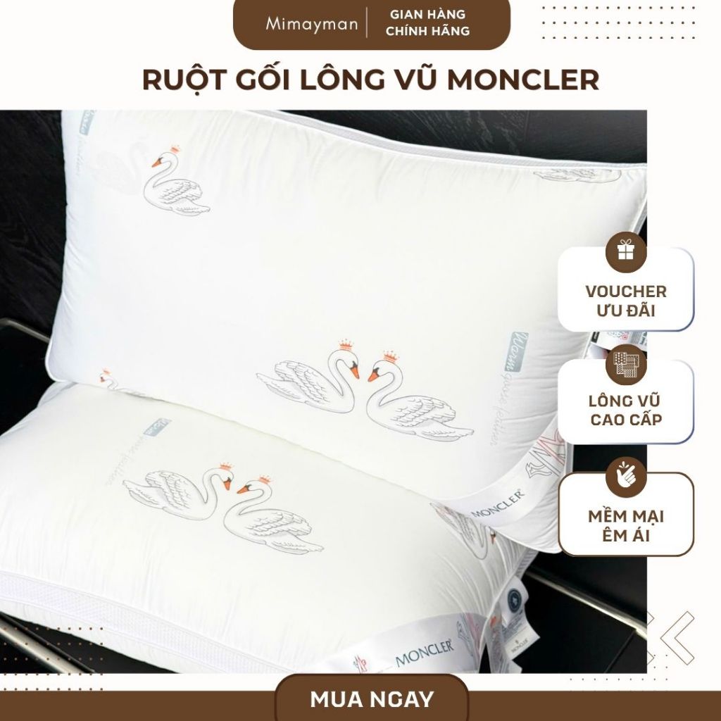 Ruột Gối Lông Vũ Moncler Cao Cấp, Gối Nằm Bông Lông Vũ Siêu Nhẹ Thoáng Khí, Vỏ Bọc Cotton Chống Tràn