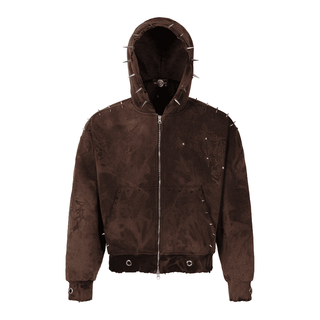 Áo Hoodie Zip Nâu Boxy Nỉ Chân Cua Custom Đính Charm 420gsm Limited TRAPPER CLUB