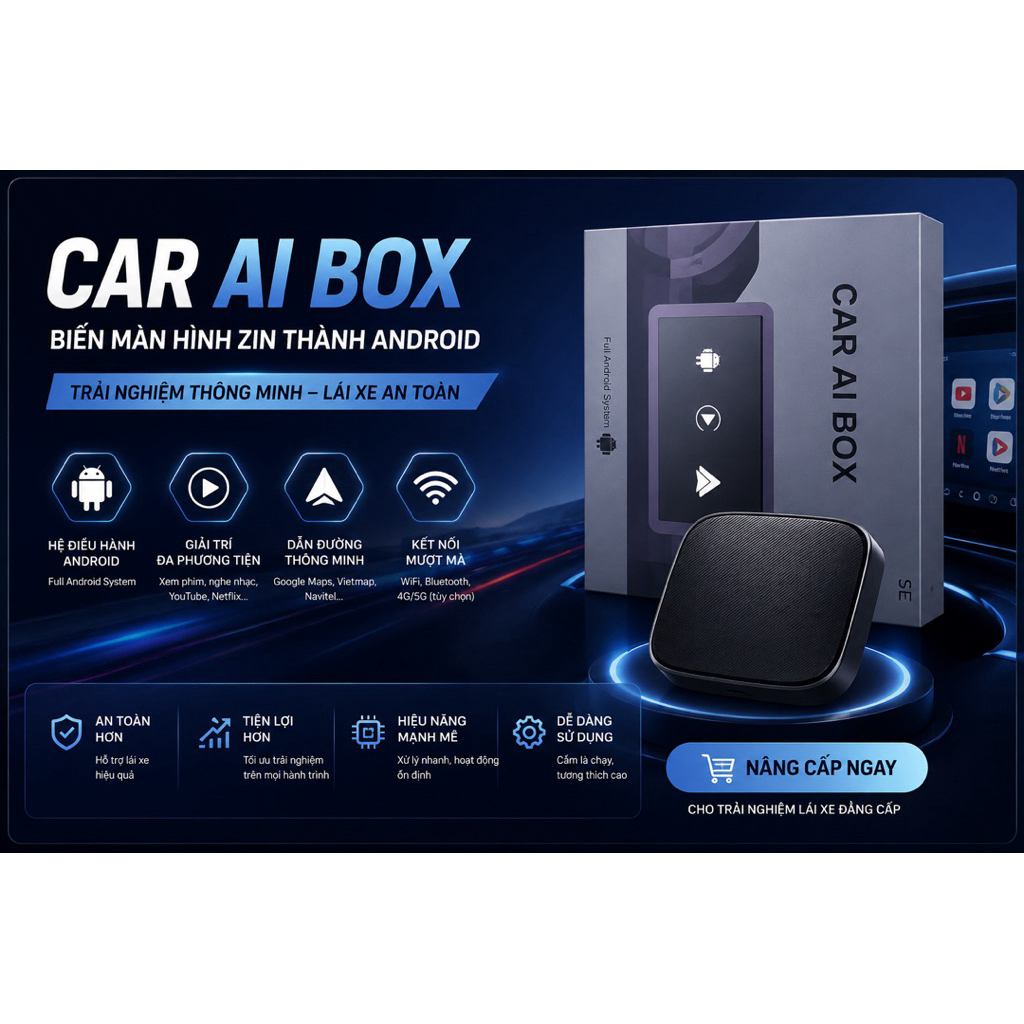 BỘ CHUYỂN ĐỔI KẾT NỐI APPLE CARPLAY + ANDROID AUTO KHÔNG DÂY CHO XE Ô TÔ AI Box 5.0 Youtube 2024 UPG