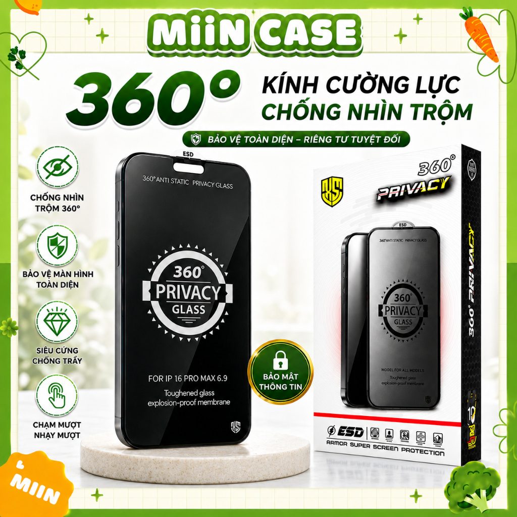 Kính Cường Lực iPhone Chống Nhìn Trộm 360° Bảo Vệ Full Màn - iP 7/8/Plus/X/XS/XR/11/12/13/14/15/16/Pro/Max/Mini Miin | BigBuy360 - bigbuy360.vn