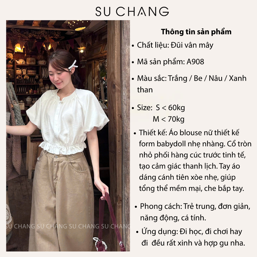 Áo Sơ Mi Cộc Tay Dáng Croptop Tay Bồng Chun Dưới A908 Su Chang Thời Trang Nữ | BigBuy360 - bigbuy360.vn