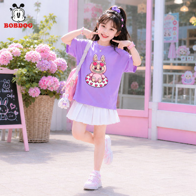 Áo mùa hè cho bé gái BOBDOG, áo thun cotton mềm mát, áo phông basic cổ tròn, in hình labubu cute chủ đề biển cho bé