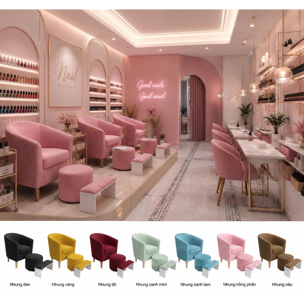 Ghế Sofa Nail Nhung Hồng Phấn Kèm Đôn – Ghế Làm Nail Spa Nhỏ Gọn Nhiều Màu Hiện Đại Cho Tiệm Nail,Sa