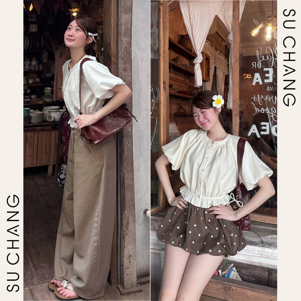 Áo Sơ Mi Cộc Tay Dáng Croptop Tay Bồng Chun Dưới A908 Su Chang Thời Trang Nữ | BigBuy360 - bigbuy360.vn
