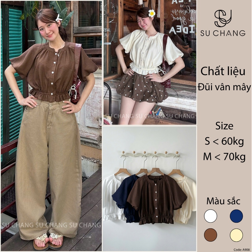 Áo Sơ Mi Cộc Tay Dáng Croptop Tay Bồng Chun Dưới A908 Su Chang Thời Trang Nữ | BigBuy360 - bigbuy360.vn