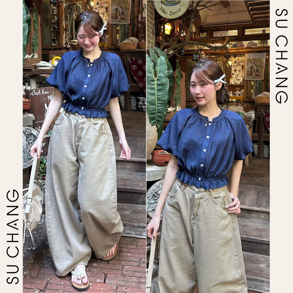Áo Sơ Mi Cộc Tay Dáng Croptop Tay Bồng Chun Dưới A908 Su Chang Thời Trang Nữ | BigBuy360 - bigbuy360.vn
