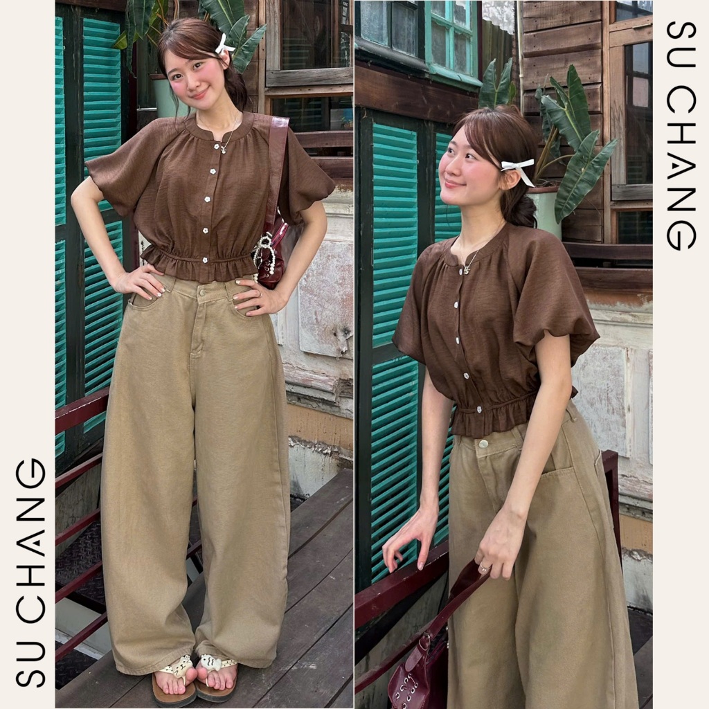 Áo Sơ Mi Cộc Tay Dáng Croptop Tay Bồng Chun Dưới A908 Su Chang Thời Trang Nữ | BigBuy360 - bigbuy360.vn