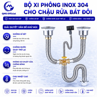Bộ xi phông inox 304 cho chậu rửa bát đôi QMS - PK155 chống gỉ sét, chuột cắn, chịu nhiệt cực tốt