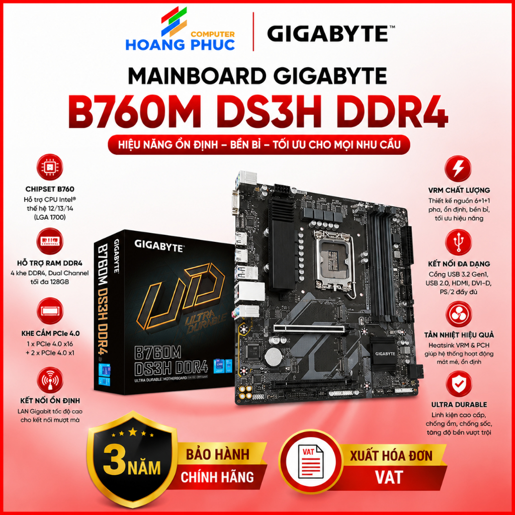 Mainboard Gigabyte B760M DS3H DDR4 - Hàng chính hãng bảo hành 3 năm