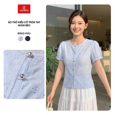 Áo sơ mi nữ CARDINA chất thô  mềm tay cộc cổ tròn nhún bèo 6AKC29