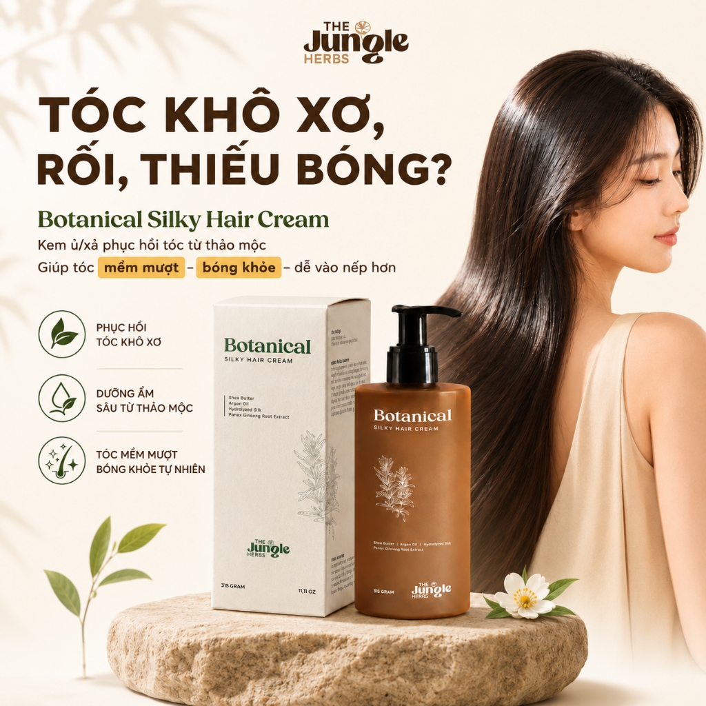 Kem ủ/xả phục hồi thân đuôi tóc Botanical Silky giúp tóc bóng mượt, giảm xơ rối - The Jungle Herbs
