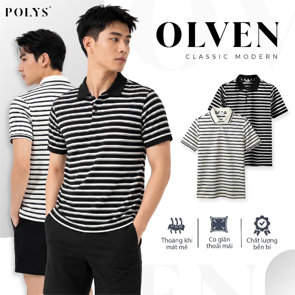 Áo polo nam POLYS, áo thun Polo sọc vải dệt giãn 4 chiều, áo polo nam OLVEN