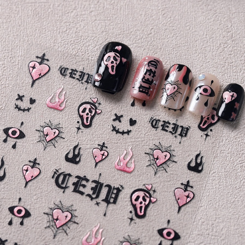 Sticker Nail Gothic Hồng Đen M-739 – Decal Dán Móng Skull & Heart Cá Tính