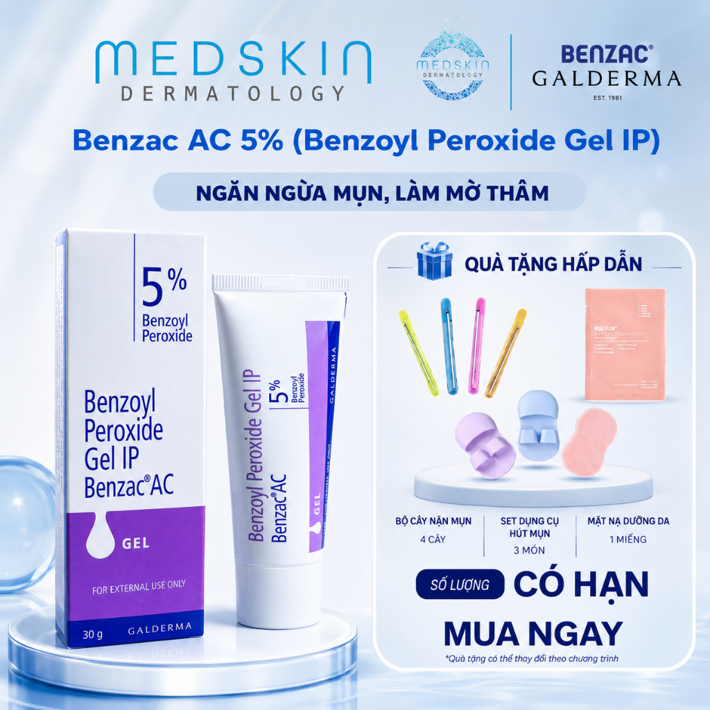 Benzac AC 5% (Benzoyl Peroxide Gel IP) - Benzac Ấn, Gel Chấm Mụn, Mụn Trứng Cá, Sưng Tấy (Tuýp 30g)