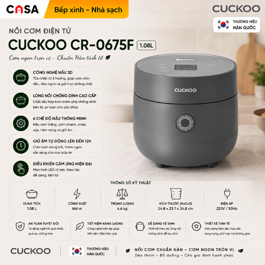 Nồi Cơm Điện Tử Cuckoo CR-0675F 1.08L Chính Hãng