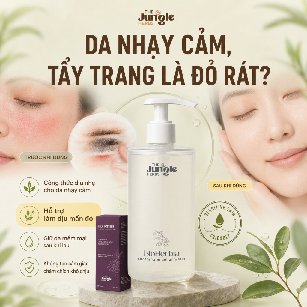 Nước tẩy trang thảo mộc dịu nhẹ sạch sâu cân bằng hệ vi sinh BioHerbia - The Jungle Herbs
