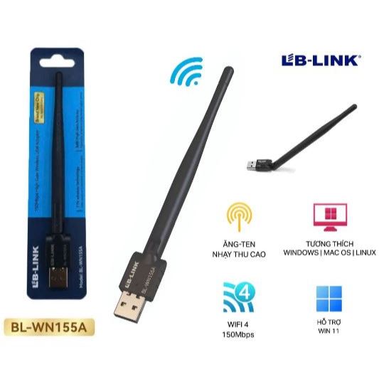 Usb thu sóng wifi LB-Link WN155A có 1 anten, tần sồ 2.4Ghz, chuẩn wifi tương thích nhiều thiết bị
