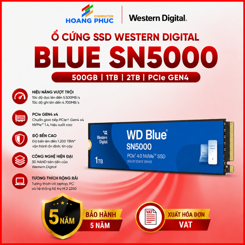 Ổ cứng SSD Western Digital Blue SN5000 500GB 1TB 2TB PCIe Gen4 - Hàng chính hãng bảo hành 5 năm