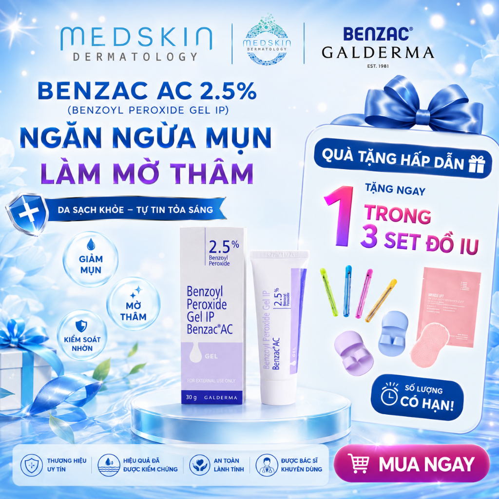 Benzac AC 2.5% (Benzoyl Peroxide Gel IP) - Benzac Ấn, Gel Chấm Mụn, Mụn Trứng Cá, Sưng Tấy (Tuýp 30g
