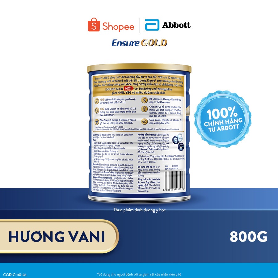 Sữa bột Ensure Gold Abbott hương vani 800g | BigBuy360 - bigbuy360.vn