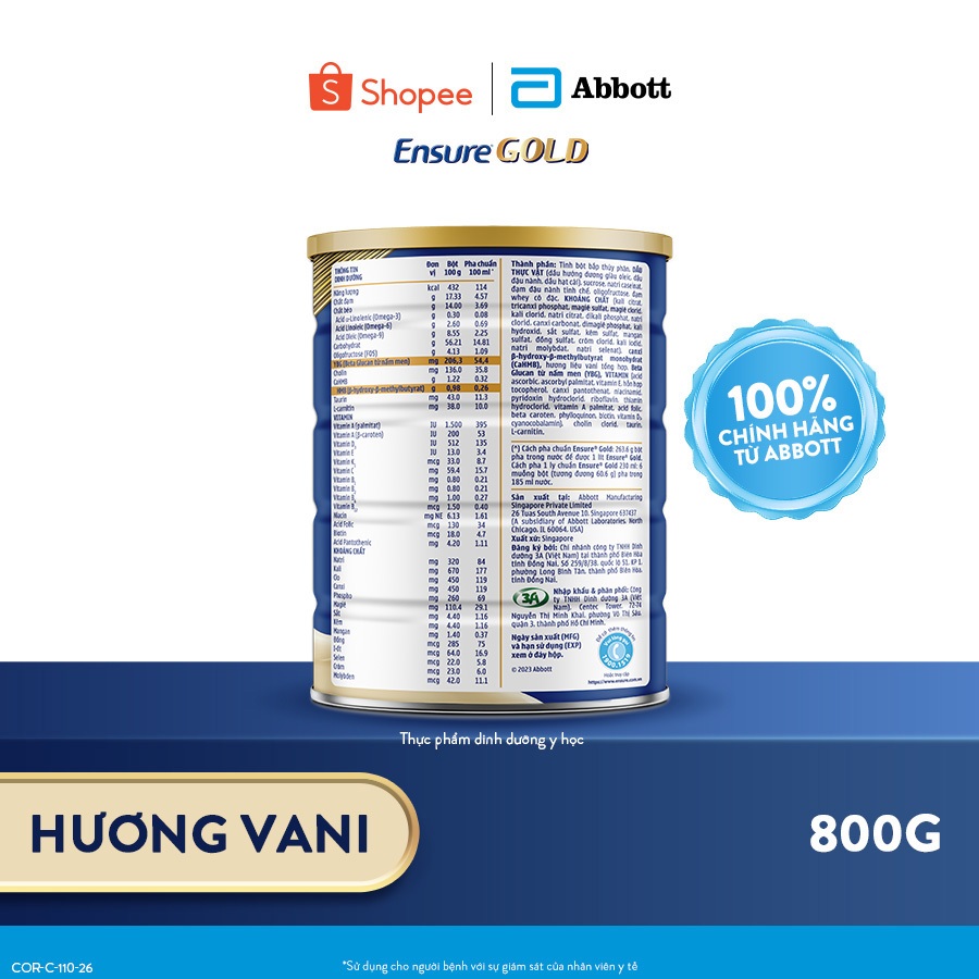 Sữa bột Ensure Gold Abbott hương vani 800g | BigBuy360 - bigbuy360.vn