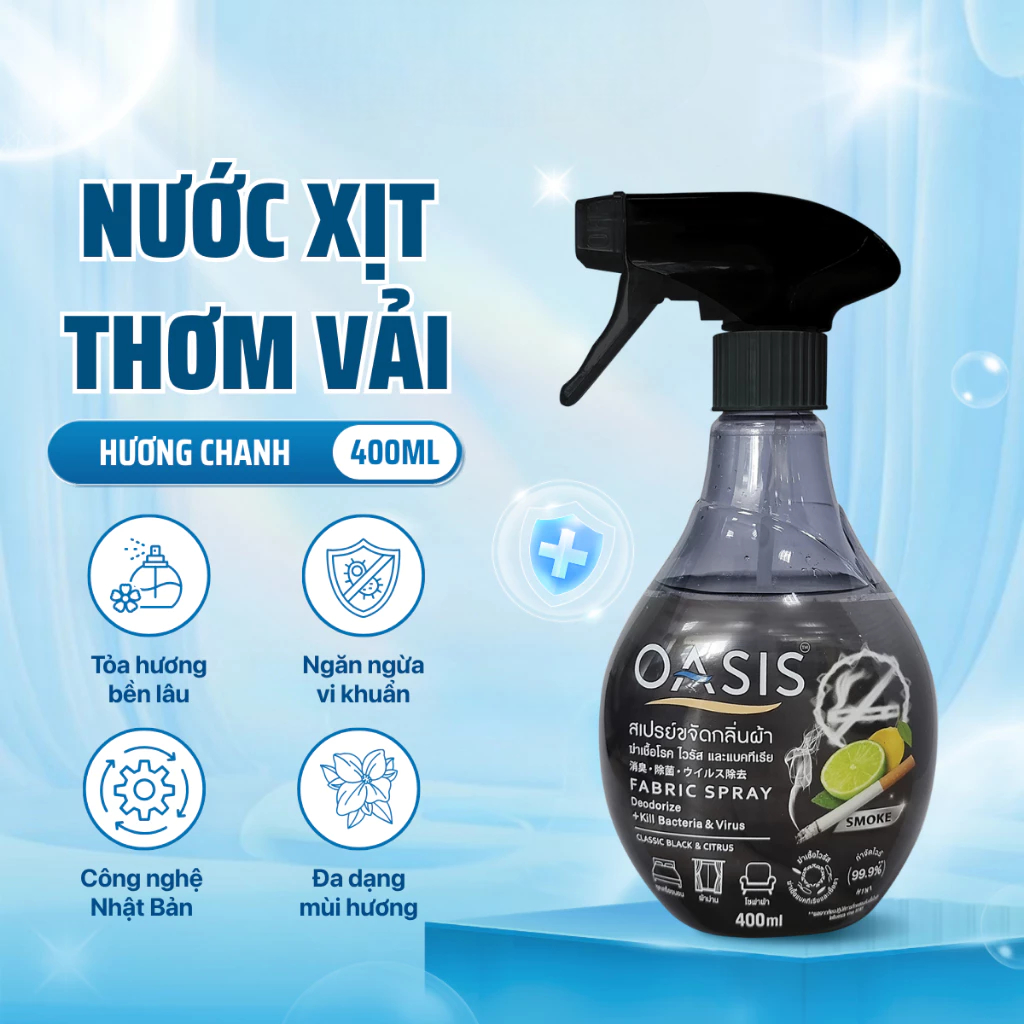 [Top Value] Chai xịt thơm vải OASIS 400ml hương chanh giúp khử mùi khói thuốc phù hợp cho sofa, giày