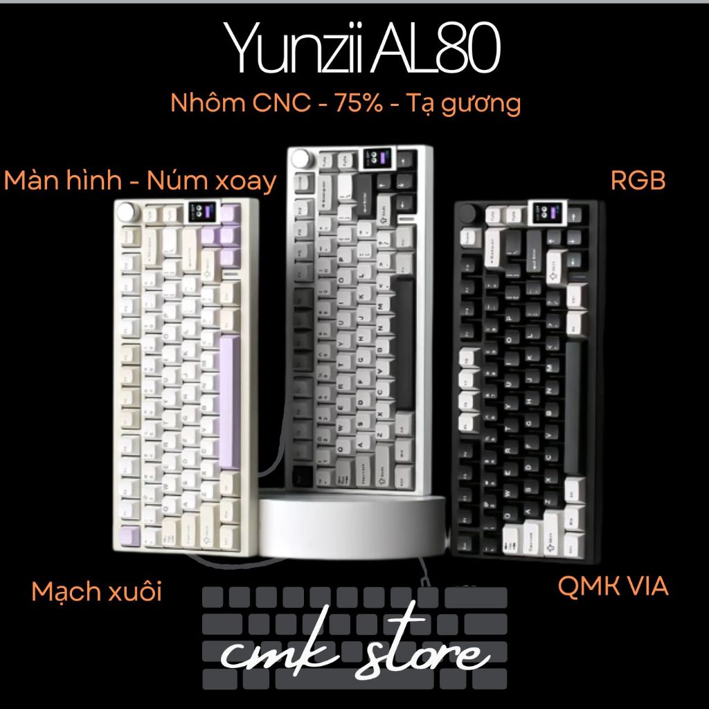 YUNZII AL80 – BÀN PHÍM CƠ AL80 – Case nhôm, Màn hình Núm Xoay - Gasket mount, 3 mode, Tạ đáy