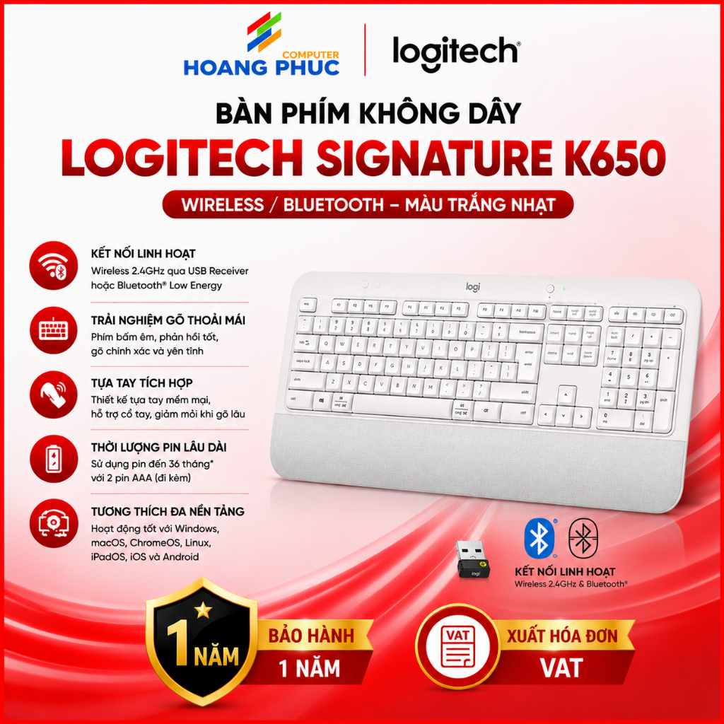 Bàn Phím Không Dây Logitech SIGNATURE K650 (Wireless/Bluetooth) Trắng Nhạt