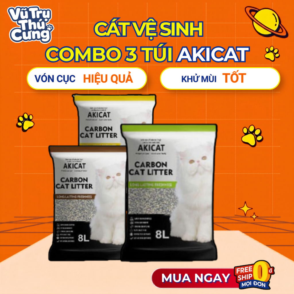 Combo 3 túi Cát vệ sinh cho Mèo than hoạt tính Akicat 8L