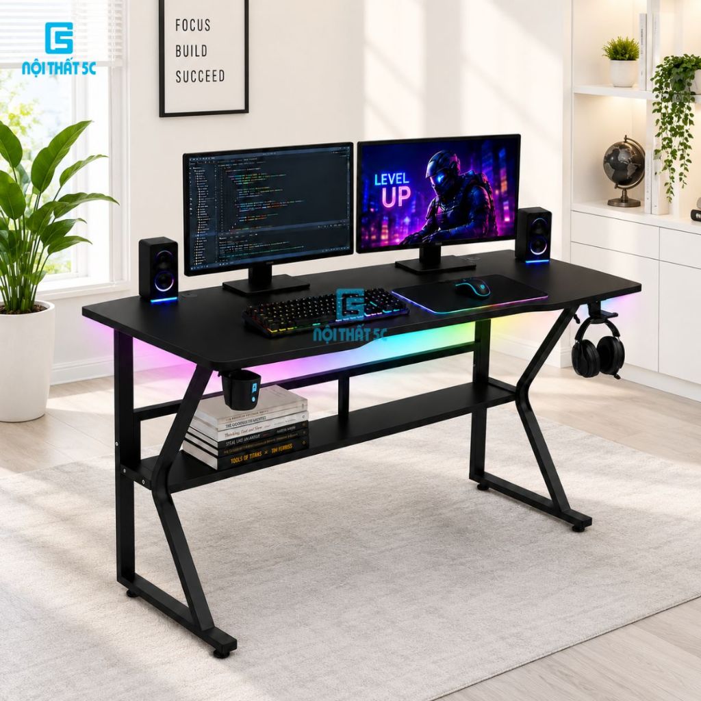 Bàn Gaming Chữ K chân cong, bàn làm việc, học sinh, văn phòng, Chân sắt sơn tĩnh điện cao cấp 20x40m