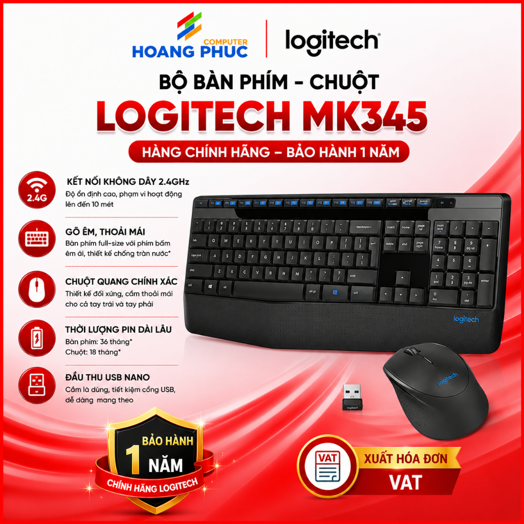 Bộ bàn phím - Chuột Logitech MK345 - Hàng chính hãng bảo hành 1 năm