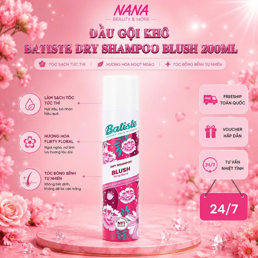 (Hàng CTY) Dầu Gội Khô Batiste Dry Shampoo Blush 200ML - Nana Shop