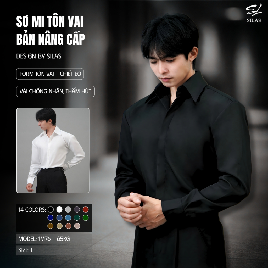 Áo Sơ Mi SILAS Trơn Ver2 Cotton Chéo Nam Giấu Cúc Thoáng Mát Tôn Vai - ASL2
