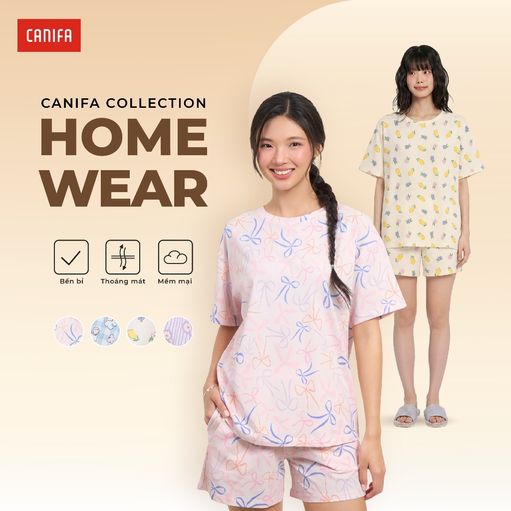 Bộ quần áo nữ chất thun mềm mịn cộc tay quần short in họa tiết CANIFA 6LS26S009