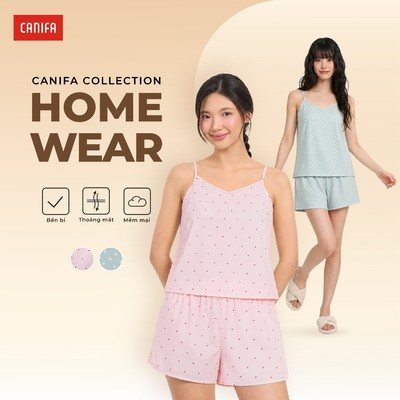 Bộ pyjama nữ CANIFA bộ hè áo hai dây quần short họa tiết chấm bi 6LS26S012
