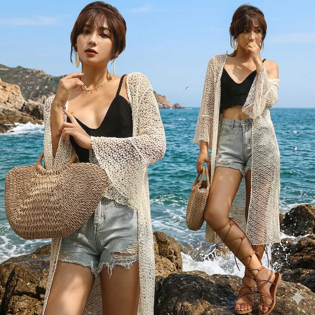 áo choàng ren đi biển dáng dài