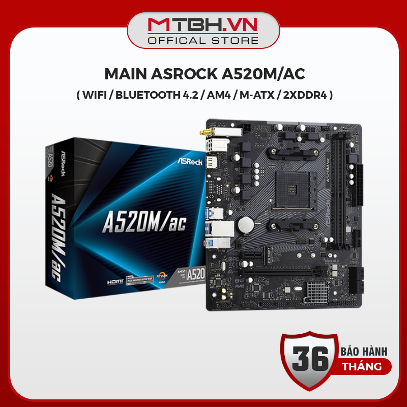 Bo Mạch Chủ Mainboard ASRock A520M/ac - Tích Hợp Sẵn Wifi & Bluetooth, Socket AM4 M-ATX