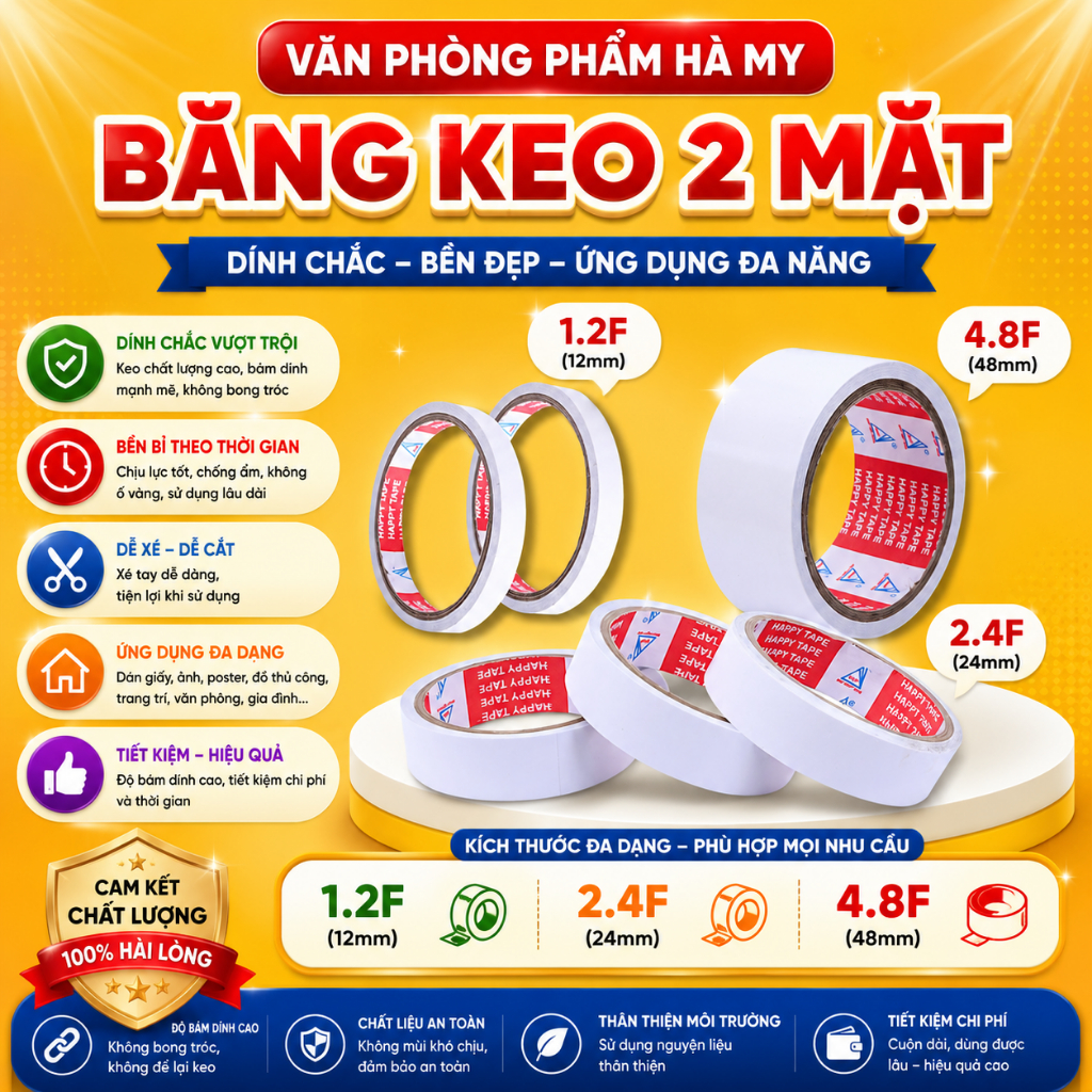 Băng keo 2 mặt trong suốt dán giấy 0.5cm, 1.2cm, 2.4cm và 4.8cm độ dính cao
