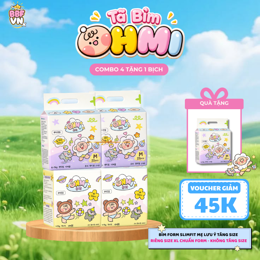 Combo 4 Tặng 1 Bỉm OHMI – Lõi G Siêu Thấm 1500ml – Tã Dán/Tã Quần Hàn Quốc – NB–XXL